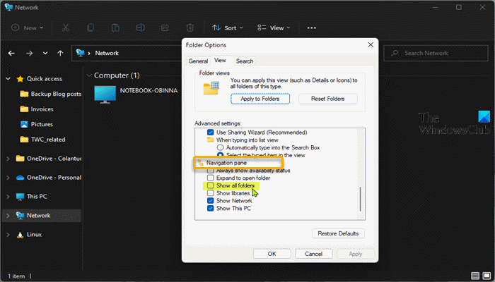 Turn On or Off Show all folders in Explorer Navigation Pane