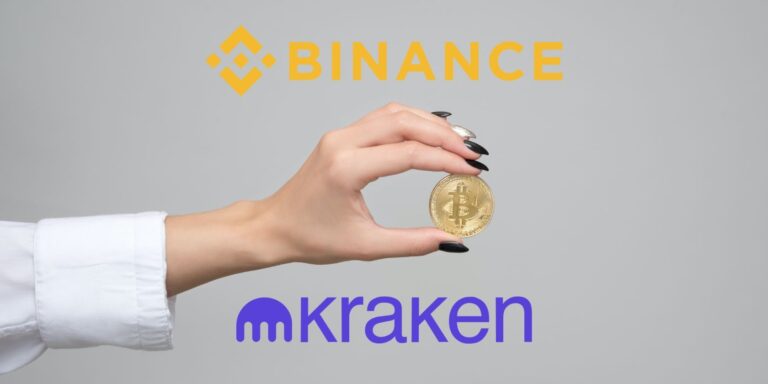 person holding bitcoin between kraken and binance logos